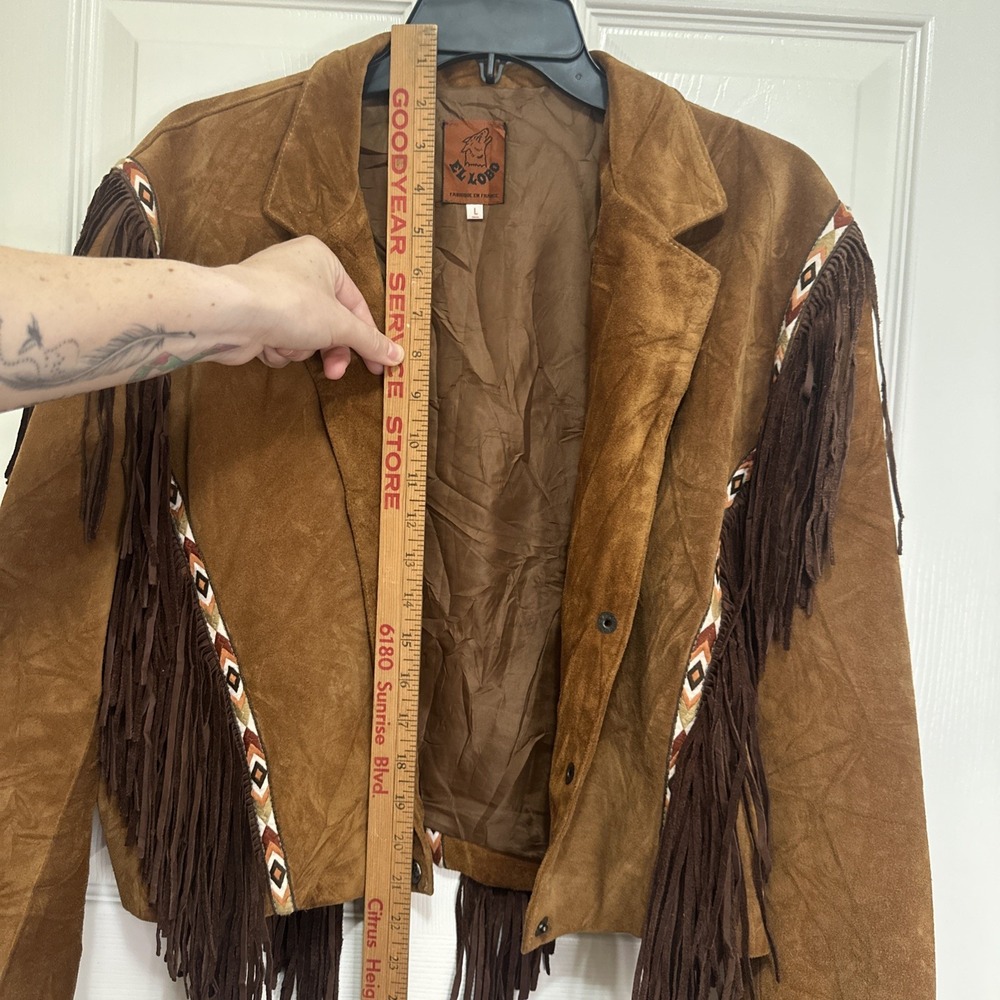 Western Fringe Leather Suede Jacket‎ Button Up Brown Aztec Design Sz Woman's L - Picture 12 of 15